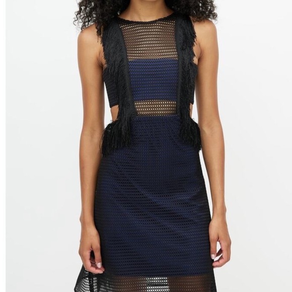 Self-Portrait Neoprene Black & Navy Flared Fringe Dress size 4/ SMALL - Picture 1 of 6